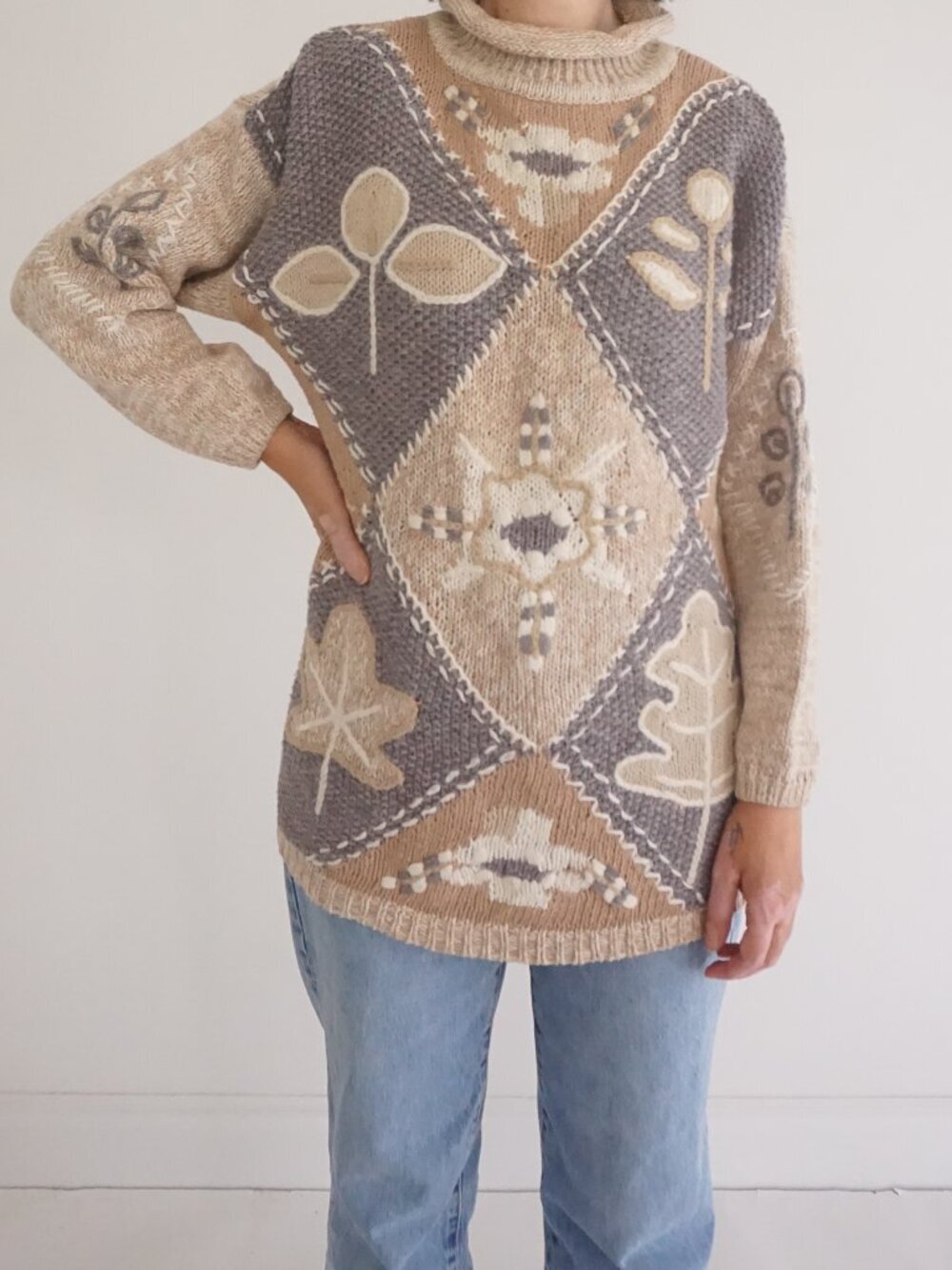 Vintage White Stag Beige Taupe Leaf Pattern Mock Neck Knit Rustic Sweater M